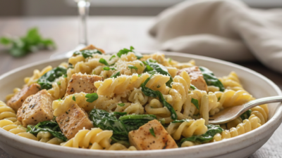 Macarrão Cremoso com Frango e Espinafre