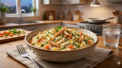 Jantar Rápido Econômico: Arroz Cremoso de Frango Pronto em 30 Minutos